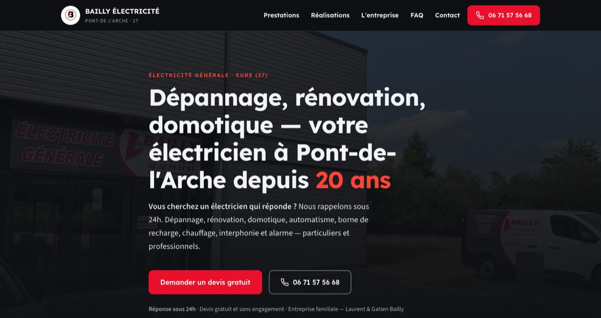 Page d’accueil du site Bailly Électricité