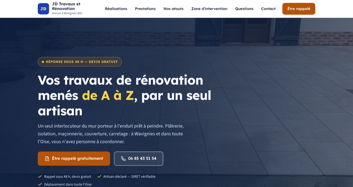 Page d’accueil du site JD Travaux et Rénovation
