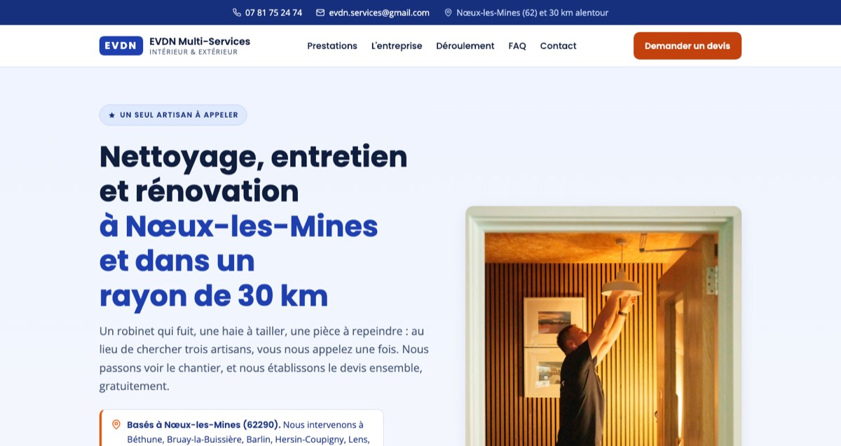 Page d’accueil du site EVDN Multi-Services