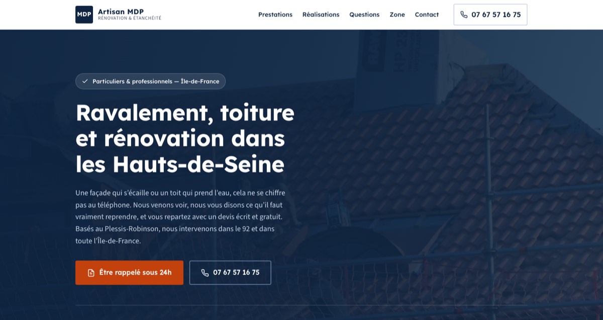 Page d’accueil du site Artisan MDP