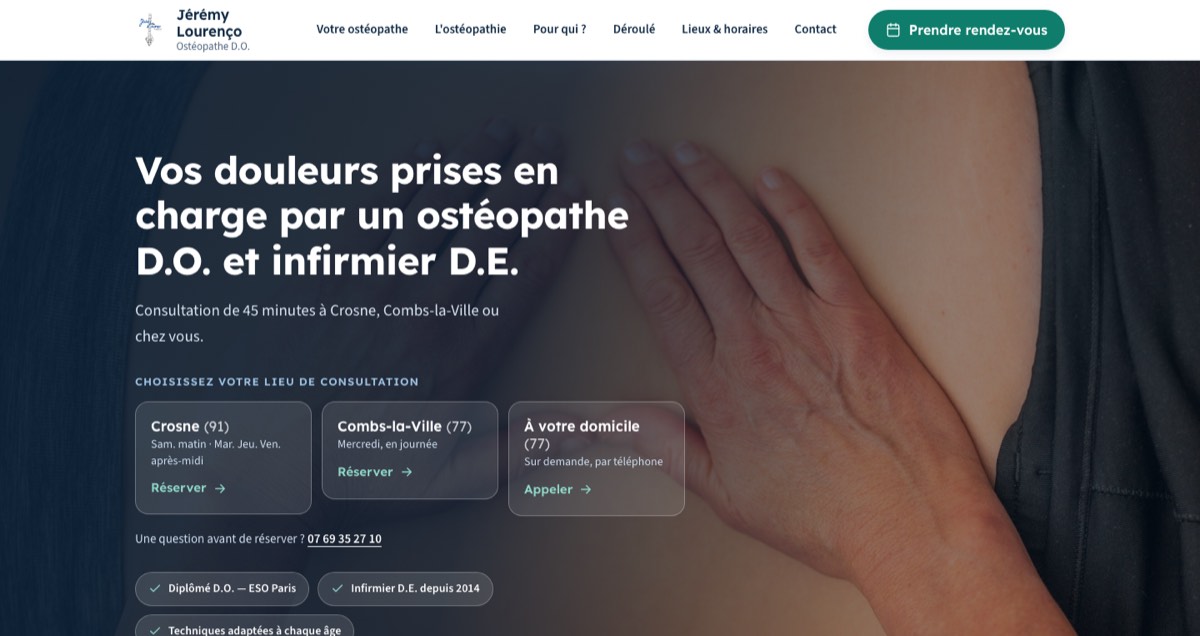 Page d’accueil du site Jérémy Lourenço, ostéopathe