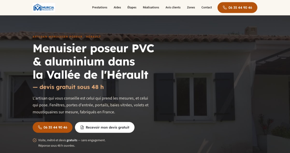 Page d’accueil du site MURCIA Menuiseries 34