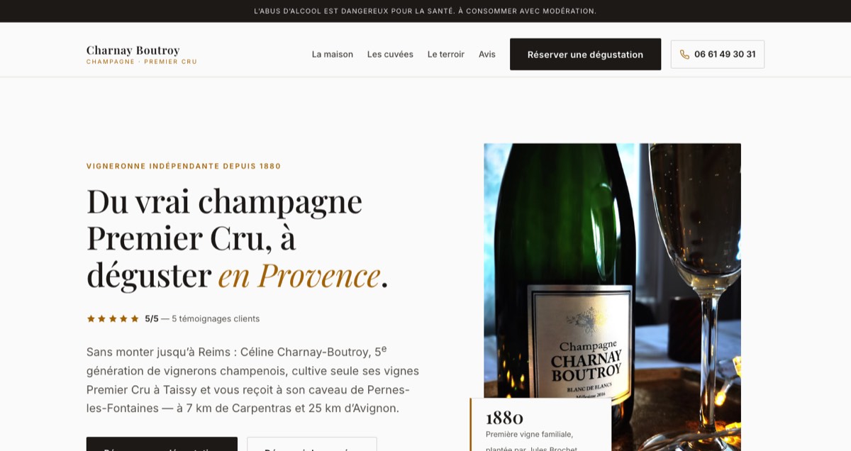 Page d’accueil du site Champagne Charnay Boutroy
