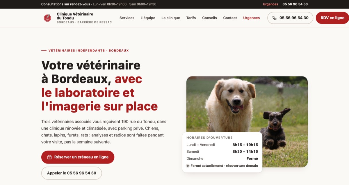 Page d’accueil du site Clinique Vétérinaire du Tondu